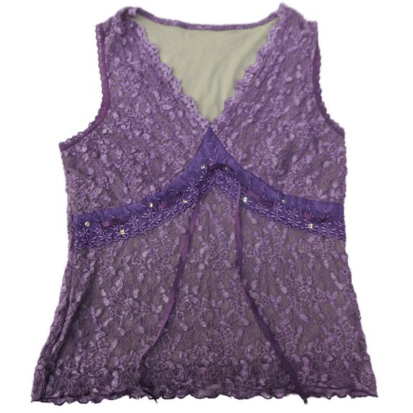 Vintage Tops - SOLD Y2K Summer Purple Top Nylon Spandex Floral Lace Lined Tank Grunge Fairy